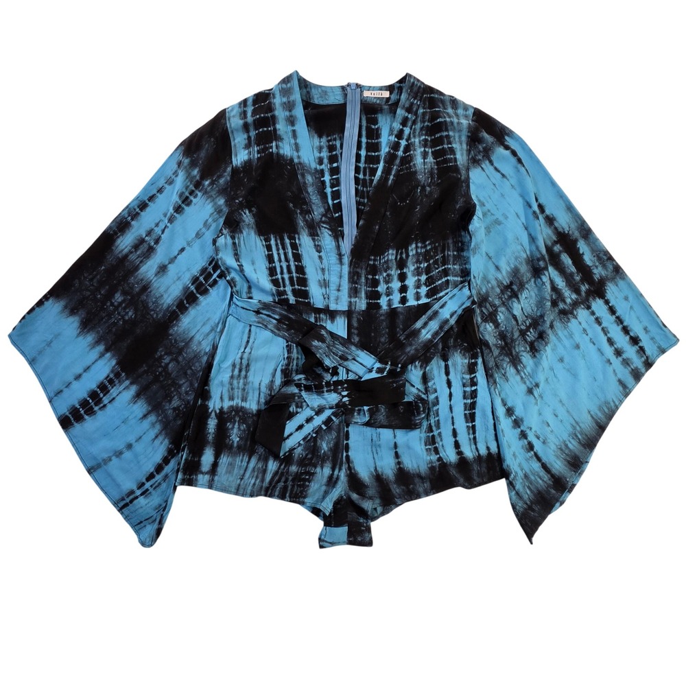 Voila Blue Black Tie Dye Kimono Sleeve Romper V-Neck Belted Festival Boho EUC M